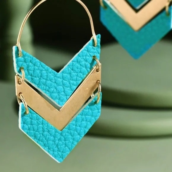 Turquoise & Gold Faux Vegan Leather Chevron Dangle Earrings - Picture 2 of 3